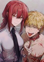 Rule 34 | 1boy, 1girl, absurdres, black necktie, blonde hair, blood, blood on chest, blood on face, braid, braided ponytail, breasts, chainsaw man, collar, collared shirt, denji (chainsaw man), gradient background, highres, holding, holding leash, leash, long hair, looking at viewer, makima (chainsaw man), medium breasts, nanin, necktie, red hair, ringed eyes, sharp teeth, shirt, short hair, sidelocks, smile, spiked hair, teeth, tongue, tongue out, topless male, white shirt, yellow eyes