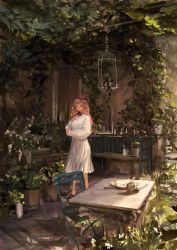 Rule 34 | 1girl, absurdres, bench, birdcage, blush, brown eyes, brown hair, cage, collared dress, crown of thorns, cup, dress, expressionless, flats, flower, hand on own chest, highres, holding own arm, ivy, lm7 (op-center), long hair, long sleeves, looking at viewer, mug, original, outdoors, plant, plate, potted plant, solo, standing, table, white dress