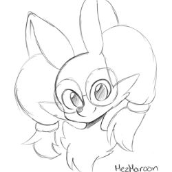 Rule 34 | 1girl, animal ear fluff, animal ears, artist name, bespectacled, braixen, closed mouth, creatures (company), face, female focus, fox ears, furry, furry female, game freak, gen 6 pokemon, glasses, greyscale, hair tie, happy, highres, jpeg artifacts, looking at viewer, mezmaroon, monochrome, nintendo, pokemon, pokemon (creature), signature, simple background, sketch, smile, solo, white background