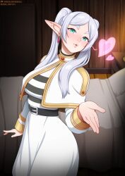 Rule 34 | 1girl, belt, black belt, blowing kiss, blush, door, earrings, frieren, green eyes, grey hair, heart, jacket, jewelry, long hair, long sleeves, neocoill, open clothes, open jacket, pillow, pointy ears, shirt, skirt, smile, solo, sousou no frieren, striped clothes, striped shirt, twintails, watermark, web address, white jacket, white skirt