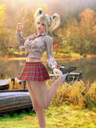 Rule 34 | 3d, blonde hair, blue eyes, breasts, hair ornament, highres, incise soul, large breasts, legs, legs up, m-rs, midriff, navel, nipples, no bra, plaid, plaid skirt, school uniform, see-through, shoes, skirt, socks, standing, standing on one leg, twintails, underwear, v