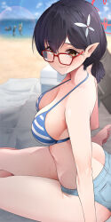 Rule 34 | 5girls, absurdres, ass, ayane (blue archive), ayane (swimsuit) (blue archive), bare arms, bare legs, bare shoulders, barefoot, bikini, black hair, blue archive, blue shorts, breasts, closed mouth, day, glasses, hair between eyes, halo, highres, hoshino (blue archive), hoshino (swimsuit) (blue archive), looking at viewer, medium breasts, multiple girls, nonomi (blue archive), nonomi (swimsuit) (blue archive), outdoors, pointy ears, red-framed eyewear, red halo, serika (blue archive), serika (swimsuit) (blue archive), sezok, shiroko (blue archive), shiroko (swimsuit) (blue archive), short hair, short shorts, shorts, smile, solo focus, striped bikini, striped clothes, swimsuit, yellow eyes