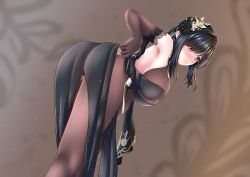 Rule 34 | 1girl, ass, azur lane, bent over, black dress, black flower, black rose, bodystocking, breasts, brown gloves, chen hai (azur lane), chen hai (vestibule of wonders) (azur lane), china dress, chinese clothes, dress, elbow gloves, flower, from behind, gloves, highres, kaidou nora-, lace, lace-trimmed gloves, lace trim, large breasts, leaning forward, long hair, looking at viewer, official alternate costume, pelvic curtain, purple eyes, rose, solo, standing, taut clothes, taut dress, thighs