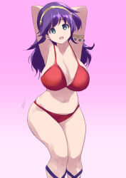 Rule 34 | 1girl, arms behind head, athena (series), bikini, bracelet, breasts, coveredcore, cowboy shot, curvy, dancing, gem, gladiator sandals, gradient background, green eyes, jewelry, large breasts, legs together, long hair, looking at viewer, motion lines, navel, open mouth, pink background, princess athena, purple hair, red bikini, sandals, skindentation, smile, snk, solo, swimsuit, thick thighs, thighs