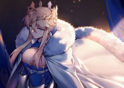 Rule 34 | 1girl, absurdres, ahoge, aqua eyes, armor, armored dress, artoria pendragon (fate), artoria pendragon (lancer) (fate), blue dress, braid, breasts, cleavage, cleavage cutout, cloak, closed mouth, clothing cutout, commentary request, crown, dress, fate/grand order, fate (series), fur-trimmed cloak, fur trim, gauntlets, hair between eyes, highres, large breasts, long hair, looking at viewer, sidelocks, solo, v-shaped eyebrows, white cloak, yorukun