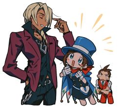 Rule 34 | 1girl, 2boys, ace attorney, adjusting hair, antenna hair, apollo justice, belt pouch, black dress, black pants, black shirt, blonde hair, blue cape, blue eyes, blue headwear, blush stickers, bracelet, brown eyes, brown hair, buttons, cape, clenched hands, closed eyes, collared shirt, cropped legs, crossed arms, dark-skinned male, dark skin, diamond button, diamond earrings, dress, earrings, gloves, grgrton, hair over shoulder, hand in pocket, hat, highres, jacket, jewelry, klavier gavin, long hair, long sleeves, looking at another, multiple boys, necklace, open mouth, pants, pouch, purple jacket, red pants, red scarf, red vest, scarf, shirt, short hair, smile, standing, sweatdrop, top hat, trucy wright, vest, white background, white gloves, white shirt