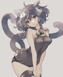 Rule 34 | 1girl, :3, animal ears, bare arms, bare shoulders, bell, black dress, black hair, black thighhighs, breasts, cat ears, cat girl, cat tail, closed mouth, commentary request, dress, grey background, grey eyes, hair between eyes, head tilt, jingle bell, leaning forward, long hair, looking at viewer, multiple tails, neck bell, notched ear, original, ren-co, signature, simple background, small breasts, solo, tail, thighhighs, torn clothes, torn thighhighs, two tails