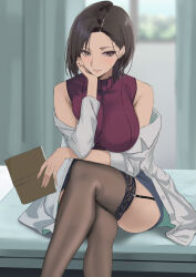 Rule 34 | 1girl, asymmetrical bangs, black garter straps, black thighhighs, blurry, blurry background, blush, book, breasts, brown hair, crossed legs, feet out of frame, garter straps, hand on own cheek, hand on own face, head rest, holding, holding book, indoors, kesoshirou, lab coat, large breasts, looking at viewer, miniskirt, original, red sweater, skirt, sleeveless, sleeveless sweater, solo, sweater, thighhighs