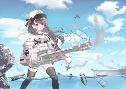 Rule 34 | 1girl, :q, absurdres, aircraft, airplane, alcohol, anchor symbol, azur lane, black gloves, black hair, black thighhighs, blue sky, blush, bottle, breasts, cleavage, cloud, day, gloves, hat, highres, holding, holding weapon, long hair, long sleeves, medium breasts, military, military vehicle, one side up, outdoors, pamiat merkuria (azur lane), purple eyes, ruan qin, shell casing, ship, sky, smoke, solo, standing, thigh strap, thighhighs, tongue, tongue out, vodka, warship, water, watercraft, weapon