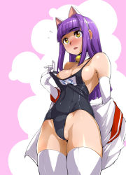 Rule 34 | 1girl, animal ears, bell, between labia, blush, borrowed character, breasts, cat ears, cat girl, cleavage, cleft of venus, clothes pull, collar, ear blush, elbow gloves, ez6, female focus, flying sweatdrops, gloves, large breasts, long hair, nanashi (bunny), neck bell, off shoulder, one-piece swimsuit, one-piece swimsuit pull, open clothes, open mouth, open shirt, original, partially visible vulva, pink background, purple hair, school swimsuit, shirt, sideboob, simple background, solo, swimsuit, swimsuit under clothes, thighhighs, undersized clothes, white gloves, white thighhighs, yellow eyes