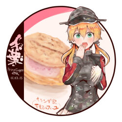 Rule 34 | 1girl, blonde hair, blush, character name, dated, eating, food, gloves, green eyes, grey hat, hair between eyes, hat, holding, holding food, itomugi-kun, kantai collection, long hair, long sleeves, looking at viewer, low twintails, military, military hat, military uniform, miniskirt, open mouth, peaked cap, pleated skirt, prinz eugen (kancolle), skirt, solo, twintails, uniform, upper body, white gloves, white skirt