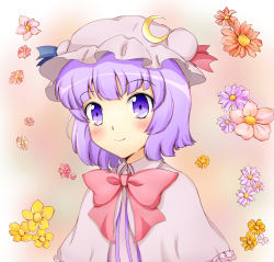 Rule 34 | 1girl, aikawa ryou, alternate hair length, alternate hairstyle, blush, crescent, crescent moon, female focus, floral background, flower, hat, moon, patchouli knowledge, purple eyes, purple hair, ribbon, short hair, smile, solo, touhou, upper body