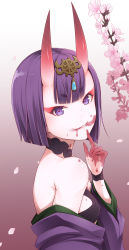 Rule 34 | 1girl, blood, bob cut, breasts, cherry blossoms, fang, fang out, fate/grand order, fate (series), finger to mouth, ha-ru, headpiece, highres, horns, japanese clothes, kimono, looking at viewer, off shoulder, oni, parted lips, petals, pointy ears, purple eyes, purple hair, purple kimono, short hair, shuten douji (fate), skin-covered horns, small breasts, smile, solo, upper body