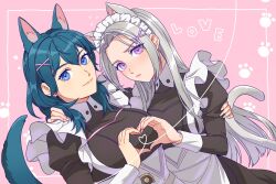 Rule 34 | 2girls, animal ears, apron, arm around back, arm around shoulder, black dress, blue eyes, blue hair, blush, breasts, byleth (female) (fire emblem), byleth (fire emblem), cat ears, cat girl, cat tail, dress, edelgard von hresvelg, fire emblem, fire emblem: three houses, furrowed brow, grey hair, hair between eyes, hair ornament, heart, heart hands, heart hands duo, highres, juliet sleeves, kemonomimi mode, large breasts, light smile, long hair, long sleeves, looking at viewer, maid apron, maid headdress, medium breasts, medium hair, multiple girls, nintendo, parted bangs, pink background, puffy sleeves, purple eyes, radiostarkiller, tail, waist apron, white apron, x hair ornament