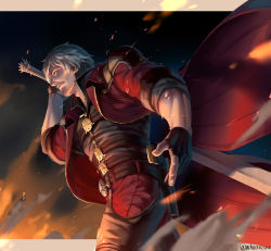 Rule 34 | 1boy, arm up, artist name, belt, black gloves, capcom, closed mouth, coat, dante (devil may cry), devil may cry (series), devil may cry 5, fingerless gloves, fire, floating clothes, gloves, gun, high collar, highres, holding, holding sword, holding weapon, holster, long sleeves, looking to the side, male focus, pants, red coat, short hair, silver hair, sleeves rolled up, solo, sword, walking, weapon, whoareuu, zipper