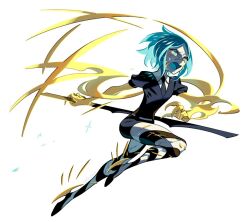 1other black_shorts blue_hair colored_skin cracked_skin eda full_body holding holding_weapon houseki_no_kuni phosphophyllite puffy_short_sleeves puffy_sleeves short_hair short_sleeves shorts simple_background weapon white_background white_skin