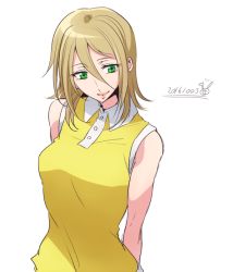 Rule 34 | 10s, 1girl, 2016, arai nobu, arms behind back, bad id, bad pixiv id, blonde hair, dated, green eyes, lips, original, polo shirt, short hair, simple background, solo, white background