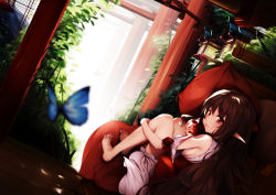 Rule 34 | 1girl, apple, bad id, bad pixiv id, barefoot, bloomers, brown eyes, brown hair, bug, butterfly, detached sleeves, food, from behind, fruit, highres, bug, japanese clothes, hugging own legs, long hair, looking back, miko, original, pillow, pointy ears, sitting, smile, solo, underwear, very long hair, youko (930921)