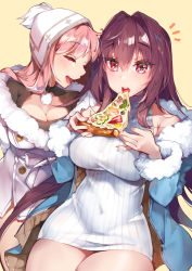 Rule 34 | 2girls, alternate costume, breasts, buttons, cleavage cutout, clothing cutout, coat, commentary request, covered navel, eating, closed eyes, fate/grand order, fate (series), food, fur trim, hair intakes, hat, kanola u, large breasts, long hair, medb (fate), multiple girls, open mouth, pink hair, pizza, purple hair, red eyes, scathach (fate), simple background, sweater, turtleneck, turtleneck sweater, yellow background