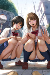 Rule 34 | 2girls, bag, black hair, blue eyes, blue legwear, blue skirt, brown eyes, brown footwear, brown hair, building, collared shirt, commentary, crosswalk, day, dog, from below, hands on own knees, highres, japan, knees together feet apart, loafers, long hair, looking at viewer, mirror, mole, mole under eye, motion lines, multiple girls, neckerchief, open hand, open mouth, original, outdoors, panties, pantyshot, pleated skirt, pov, power lines, red neckerchief, road, road sign, school bag, school uniform, scrunchie, shirt, shoes, short hair, short sleeves, sign, sitting, skirt, sky, smile, socks, squatting, street, tower, transmission tower, tree, underwear, uniform, upskirt, urasuji samurai, utility pole, waving arm, white panties, white shirt, white socks, wrist scrunchie