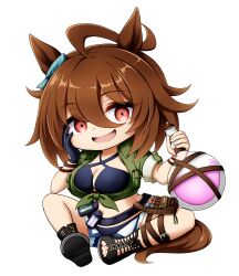 1girl :d agnes_tachyon_(lunatic_lab)_(umamusume) agnes_tachyon_(umamusume) ahoge animal_ears bikini bikini_under_clothes black_bikini black_footwear black_gloves blue_shorts boots breasts brown_hair chibi cleavage collared_shirt flask gloves green_shirt hair_between_eyes hand_on_own_face hands_up holding horse_ears horse_girl horse_tail kuena looking_at_viewer medium_breasts open_clothes open_fly open_mouth open_shorts red_eyes round-bottom_flask shirt short_shorts short_sleeves shorts simple_background single_glove sitting smile solo swimsuit tail tied_shirt toeless_footwear umamusume white_background