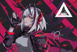 Rule 34 | 1girl, arknights, black gloves, breasts, controller, diamond-shaped pupils, diamond (shape), eyebrows hidden by hair, fingerless gloves, from side, gloves, grey hair, hair between eyes, highres, holding, holding remote control, horns, jacket, looking at viewer, open mouth, orange eyes, remote control, scarf, short hair, smile, solo, sweater, symbol-shaped pupils, ten-u, upper body, w (arknights)