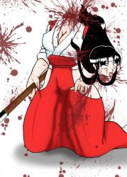 Rule 34 | 1girl, black hair, blood, breasts, cleavage, death, decapitation, guro, haruta hiko, headband, japanese clothes, large breasts, long hair, miko, polearm, severed head, spear, weapon