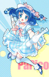 Rule 34 | 1girl, blue eyes, blue hair, braid, dress, hat, highres, holding, jumping, kironabei, legs up, looking at viewer, mary janes, matching hair/eyes, open mouth, outstretched arms, papico (character), shoes, smile, solo, striped legwear, twin braids, vertical-striped legwear