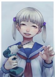 Rule 34 | 1girl, bags under eyes, border, drill, female focus, grin, hair bobbles, hair ornament, highres, holding, lips, looking at viewer, original, power drill, power tool, red neckwear, school uniform, shibata ico, silver hair, smile, solo, twintails, upper body, white border