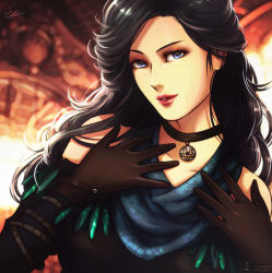 Rule 34 | 1girl, black hair, esther shen, gloves, hands on own chest, jewelry, lips, long hair, looking at viewer, pentagram pendant, portrait, purple eyes, the witcher (series), the witcher 3, wavy hair, yennefer