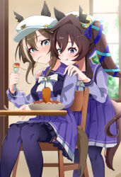 Rule 34 | 2girls, :p, animal ears, beret, blurry, blurry background, blush, breasts, brown hair, carrot, chair, cheval grand (umamusume), closed mouth, commentary request, eating, food, hair between eyes, hair ornament, hat, highres, long hair, medium breasts, multiple girls, pasta, school uniform, siblings, sisters, sitting, small-wso6-bell, spaghetti, thighhighs, tongue, tongue out, tracen school uniform, twintails, umamusume, vivlos (umamusume), water, window