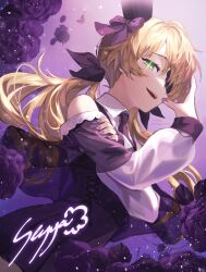 Rule 34 | 1girl, absurdres, bare shoulders, blonde hair, chuunibyou, collared shirt, dress, eyepatch, fischl (genshin impact), genshin impact, green eyes, highres, ice s s z, long hair, looking at viewer, low twintails, necktie, open mouth, purple dress, shirt, smile, solo, twintails