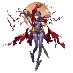 1girl :o ankle_gun armpit_cutout artist_request bat_(animal) belt black_gloves black_horns black_leotard bodysuit breasts brown_belt brown_hair center_opening clothing_cutout coat cross cross_necklace cz_75 demon_horns dual_wielding floral_print full_body full_moon girls&#039;_frontline gloves golden_gun gun hair_between_eyes half_gloves halloween handgun high_heels highres holding holding_gun holding_weapon holster horns huge_moon jewelry leotard long_hair long_sleeves looking_at_viewer medium_breasts moon necklace nz75_(girls&#039;_frontline) nz75_(nightstalker_beneath_the_crimson_moon)_(girls&#039;_frontline) official_alternate_costume official_art open_mouth print_bodysuit purple_bodysuit purple_footwear red_coat rose_print sideboob simple_background solo sword thigh_cutout third-party_source torn_clothes torn_coat transparent_background trigger_discipline turtleneck turtleneck_bodysuit v-shaped_eyebrows very_long_hair weapon weapon_request yellow_eyes