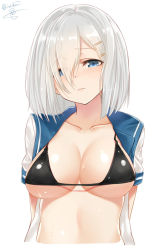Rule 34 | 10s, 1girl, arms behind back, bare shoulders, bikini, black bikini, blush, breasts, cleavage, closed mouth, collarbone, eyebrows, frown, hair ornament, hair over one eye, hairclip, hamakaze (kancolle), head tilt, isshiki (ffmania7), kantai collection, large breasts, lips, looking at viewer, open clothes, open shirt, sailor collar, school uniform, serafuku, shiny skin, shirt, short hair, short sleeves, silver hair, simple background, sleeve cuffs, solo, sweatdrop, swimsuit, tareme, upper body, wavy mouth, white background, white shirt