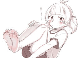 Rule 34 | 1girl, barefoot, blush, feet, fujiuri, hand on own knee, long hair, looking at viewer, monochrome, original, shirt, short twintails, shorts, soles, t-shirt, toes, translated, twintails