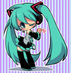 Rule 34 | 1girl, bad id, bad pixiv id, boots, chibi, detached sleeves, green eyes, green hair, hatsune miku, headset, long hair, matching hair/eyes, necktie, one eye closed, sakiko (gekiama), skirt, smile, solo, striped, striped background, thigh boots, thighhighs, twintails, vertical stripes, very long hair, vocaloid, wink