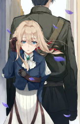 Rule 34 | 10s, 1boy, 1girl, back-to-back, black hair, blonde hair, blue eyes, brooch, gilbert bougainvillea, highres, jewelry, military, military uniform, mosso1120, uniform, violet evergarden, violet evergarden (series)