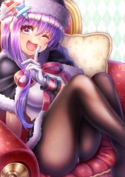 Rule 34 | 1girl, adapted costume, ass, asymmetrical hair, bb (fate), bb (fate) (all), bb (swimsuit mooncancer) (fate), bb (swimsuit mooncancer) (third ascension) (fate), black capelet, black hat, blush, braid, breasts, brown legwear, capelet, chair, christmas, cushion, donkikong (pixiv17278003), fate/grand order, fate (series), fur-trimmed capelet, fur-trimmed headwear, fur trim, gloves, hat, hat ornament, highres, index finger raised, knees up, large breasts, leotard, long hair, looking at viewer, neck ribbon, one eye closed, open mouth, purple eyes, purple hair, red ribbon, ribbon, santa hat, single braid, sitting, smile, solo, star (symbol), star hat ornament, thighs, very long hair, white gloves, white leotard