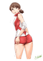 Rule 34 | 1girl, artist name, ass, brown eyes, brown hair, commentary request, elbow pads, from behind, frown, girls und panzer, hand on own hip, highres, kawanishi shinobu, looking at viewer, looking back, parted lips, red shirt, red shorts, satou yasu, shirt, short hair, short ponytail, short shorts, shorts, signature, simple background, single vertical stripe, sleeveless, sleeveless shirt, solo, sportswear, standing, sweatdrop, swept bangs, volleyball uniform, white background