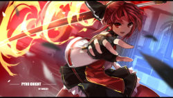 Rule 34 | 1girl, :d, artist name, bad id, bad pixiv id, black gloves, character name, elesis (elsword), elsword, fingerless gloves, fire, gloves, holding, holding sword, holding weapon, looking at viewer, open mouth, outstretched arm, pyro knight (elsword), red eyes, red hair, short hair, smile, solo, swd3e2, sword, weapon