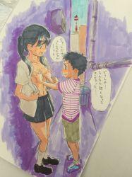 Rule 34 | 1boy, 1girl, alley, black footwear, black hair, black skirt, blouse, blush, commentary, grabbing, grabbing another&#039;s breast, highres, industrial pipe, long hair, nanase774938, navel, open mouth, original, profile, purple shirt, shirt, shoes, short hair, shorts, skirt, socks, speech bubble, striped clothes, striped shirt, thought bubble, trash can, twintails, white legwear, white shirt