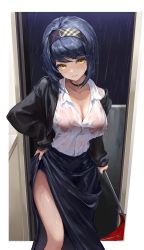 Rule 34 | 1girl, absurdres, alternate costume, black choker, black jacket, blue hair, blush, bra visible through clothes, breasts, choker, cleavage, clothes lift, collared shirt, dark blue hair, feet out of frame, genshin impact, grin, hairband, hand on own hip, has bad revision, has cropped revision, highres, holding, holding umbrella, jacket, kujou sara, large breasts, long skirt, looking at viewer, open clothes, open jacket, parted lips, rain, shirt, short hair, side slit, skirt, skirt lift, smile, solo, standing, thighs, umbrella, wellsy, wet, white shirt, yellow eyes