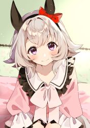 Rule 34 | 1girl, absurdres, animal ears, bed, blush, closed mouth, collarbone, commentary request, curren chan (umamusume), ear covers, grey hair, hair between eyes, headband, highres, horse ears, horse girl, horse tail, looking at viewer, medium hair, official alternate costume, pajamas, portrait, purple eyes, ribbon, simple background, smile, solo, tail, umamusume, usukawa (uskw sr)