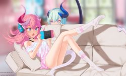 Rule 34 | 2girls, :o, ass, bare shoulders, blue eyes, blurry, blurry background, blush, breasts, commentary, couch, curled horns, depth of field, english commentary, fang, from side, green hair, hair between eyes, heart, heart panties, heart print, highres, holding, honkai (series), honkai impact 3rd, horns, knee up, liliya olenyeva, long hair, multiple girls, nintendo switch, no shoes, off-shoulder shirt, off shoulder, on couch, open mouth, panties, pillow, pink hair, pink shirt, print panties, print shirt, purple eyes, revision, rozaliya olenyeva, shadow, shirt, short sleeves, single horn, small breasts, socks, striped clothes, striped panties, tail raised, tears, thick eyebrows, torofu, underwear, unworn panties, watermark, web address, white legwear