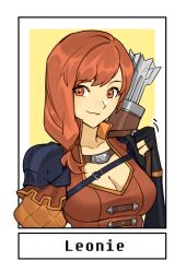 Rule 34 | 1girl, armor, black gloves, breasts, cleavage, commentary request, fire emblem, fire emblem: three houses, gloves, hand up, large breasts, leonie pinelli, long hair, looking at viewer, nintendo, orange eyes, orange hair, orange shirt, quiver, shirt, shoulder armor, silvercandy gum, smile, solo, upper body