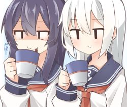 Rule 34 | 2girls, akatsuki (kancolle), anchor symbol, black hair, blue background, blush, brown neckerchief, closed mouth, cup, hair between eyes, hibiki (kancolle), holding, holding cup, kantai collection, long hair, long sleeves, looking at viewer, multiple girls, neckerchief, no headwear, rateratte, school uniform, serafuku, shaded face, shirt, sidelocks, silver hair, smile, steam, translation request, two-tone background, very long hair, wavy mouth, white background, white shirt