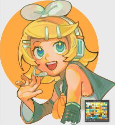 Rule 34 | 1girl, aqua eyes, blonde hair, blue eyes, bow, detached sleeves, hair bow, hair ornament, hair ribbon, hairclip, headphones, kagamine rin, open mouth, ribbon, routexx, short hair, smile, solo, vocaloid