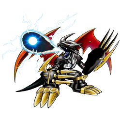 Rule 34 | claws, digimon, energy, imperialdramon, imperialdramon dragon mode (black), non-web source, official art, open mouth, simple background, tail, white background, wings