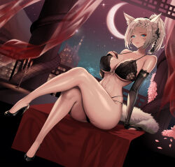 Rule 34 | 1girl, animal ears, arm warmers, bare legs, black bra, black footwear, black panties, blue eyes, bra, breasts, cat ears, cleavage, commission, crescent moon, crossed legs, curtains, facial mark, final fantasy, final fantasy xiv, grey hair, hair ribbon, hand on own chest, high heels, high ponytail, highres, lace, lace-trimmed bra, lace trim, large breasts, light smile, looking at viewer, mad kimo, moon, panties, parted lips, patent heels, pumps, ribbon, shoes, sitting, sky, solo, star (sky), starry sky, stiletto heels, thick thighs, thighs, underwear, underwear only, warrior of light (ff14), whisker markings