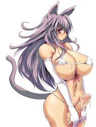 Rule 34 | 1futa, absurdres, bare shoulders, blush, breasts, caressing testicles, cleavage, covered erect nipples, cum, erection, full-package futanari, futanari, highres, huge breasts, long hair, looking at viewer, navel, original, parted lips, penis, pointy ears, ponytail, purple hair, pussy, pussy juice, red eyes, saliva, silver hair, solo, sweat, testicle grab, testicles, ubanis, uncensored, veins, veiny penis, wide hips